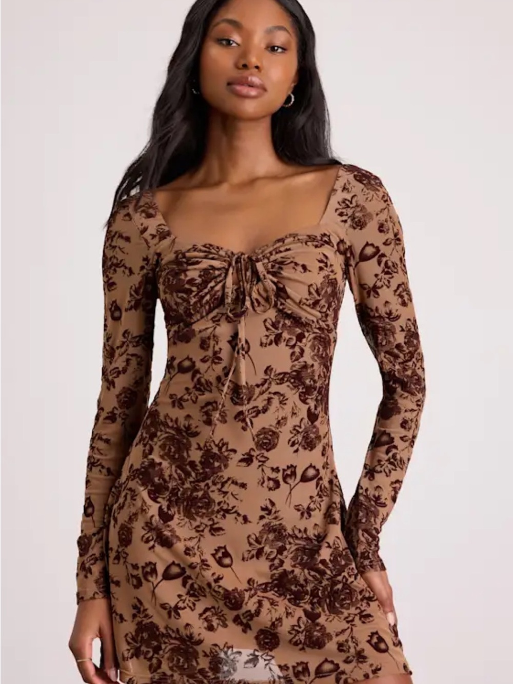 Lulu's Brown Floral Tie-Front Long Sleeve Bodycon Dress